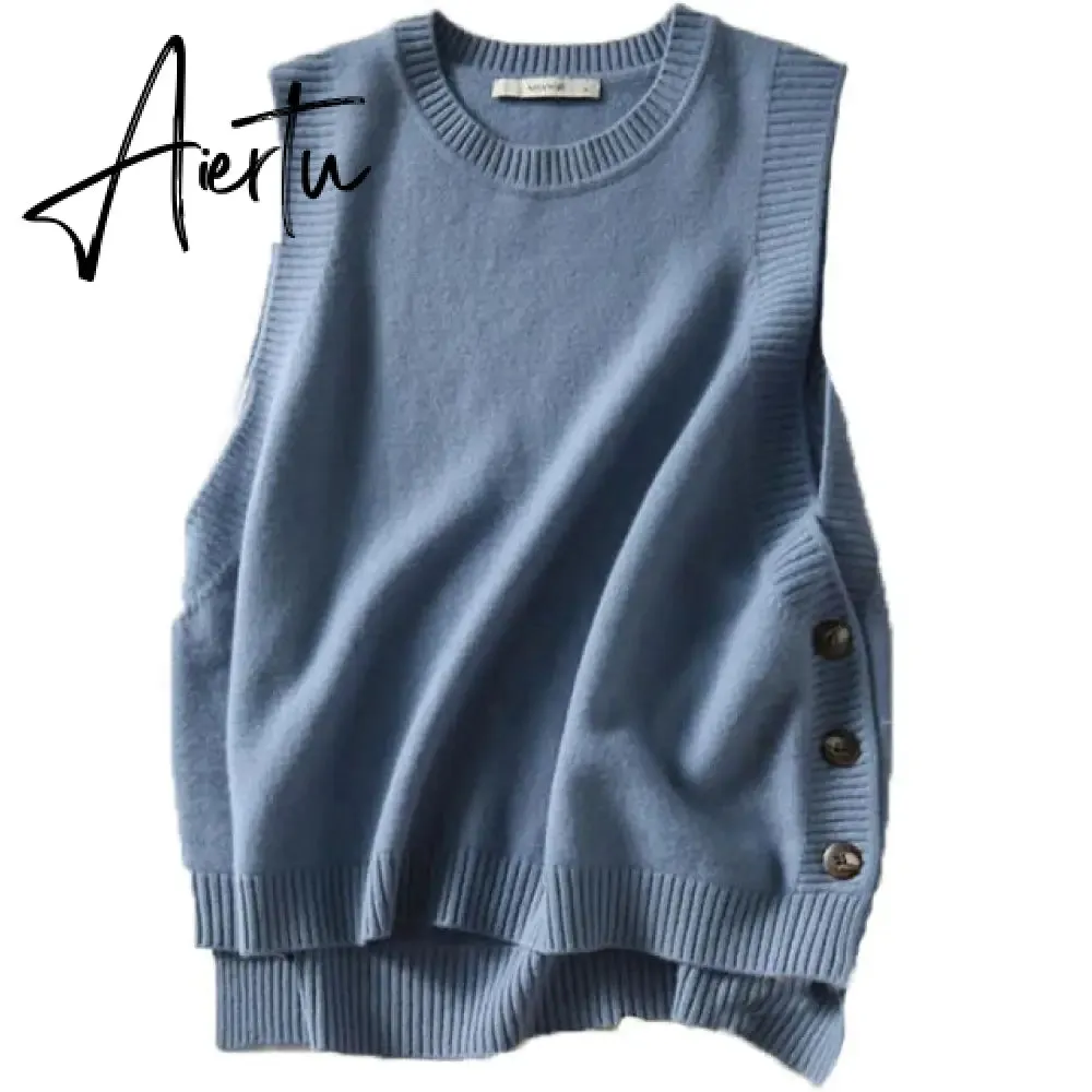 Aiertu Woman Sweaters Sleeveless Knit Vest Loose round Neck Sweater Female Femme Chandails Pull Hiver