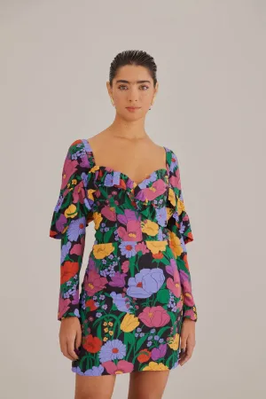 Black Bucolic Garden Long Sleeve Mini Dress