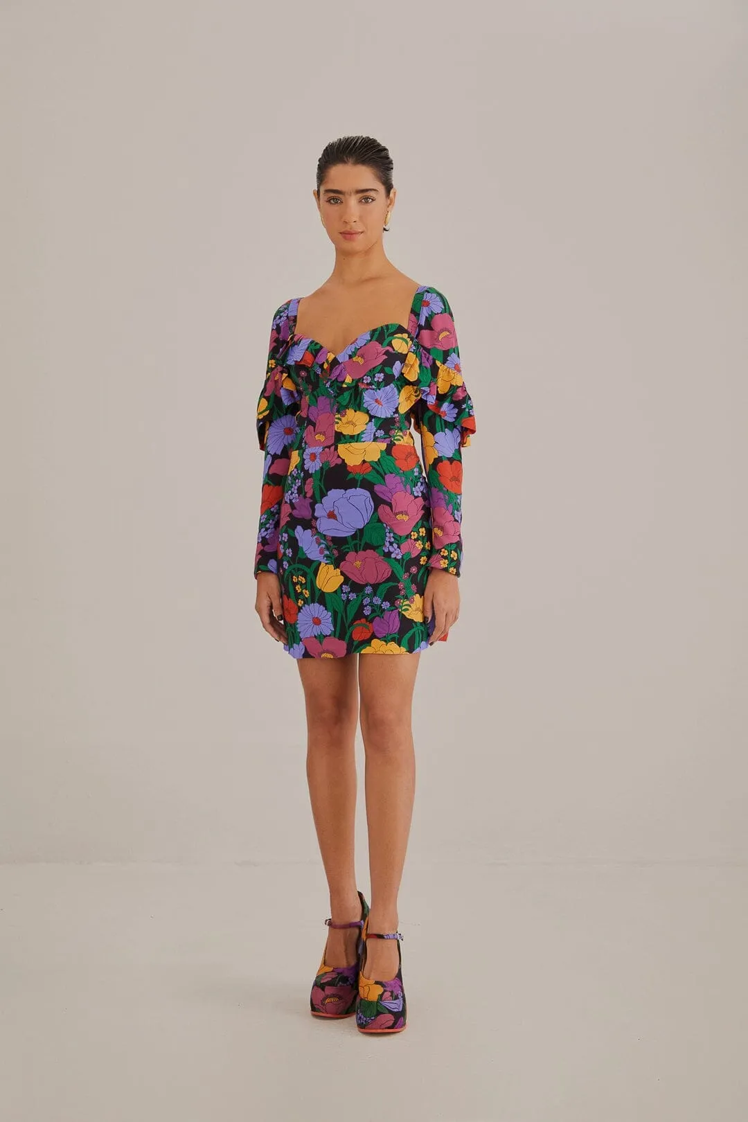 Black Bucolic Garden Long Sleeve Mini Dress