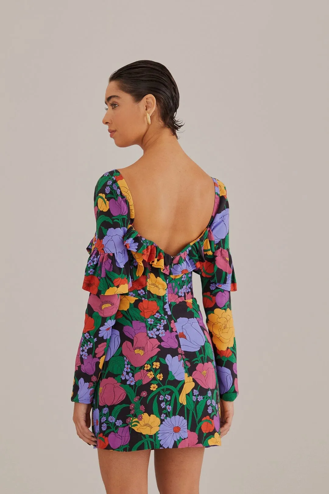 Black Bucolic Garden Long Sleeve Mini Dress