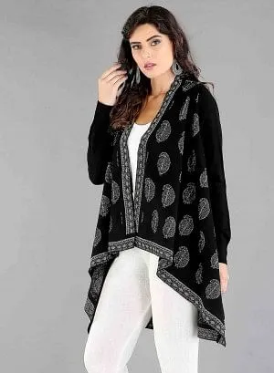 Black Paisley Print Asymmetrical Cape