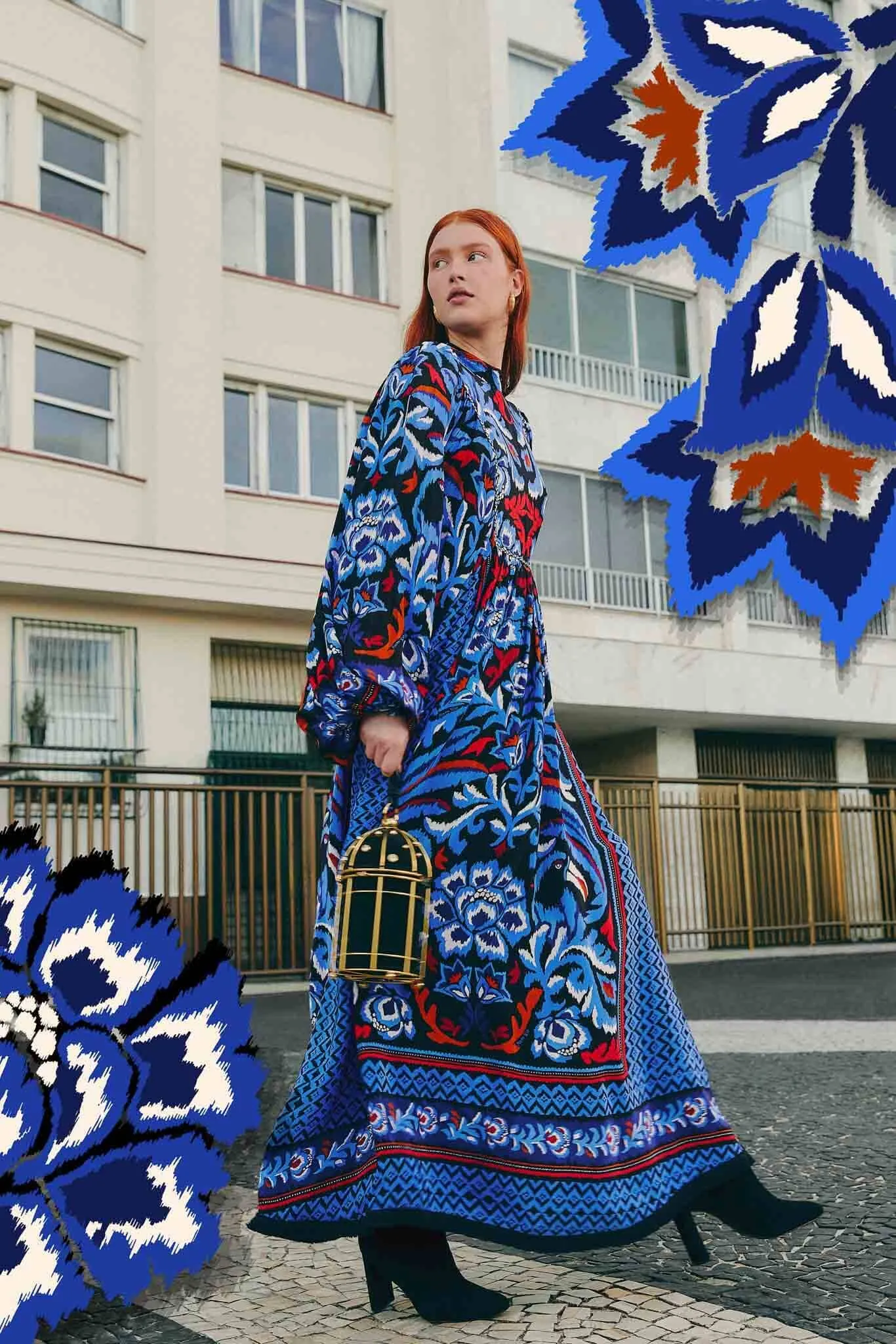 Black Toucans Scarf Long Sleeve Maxi Dress