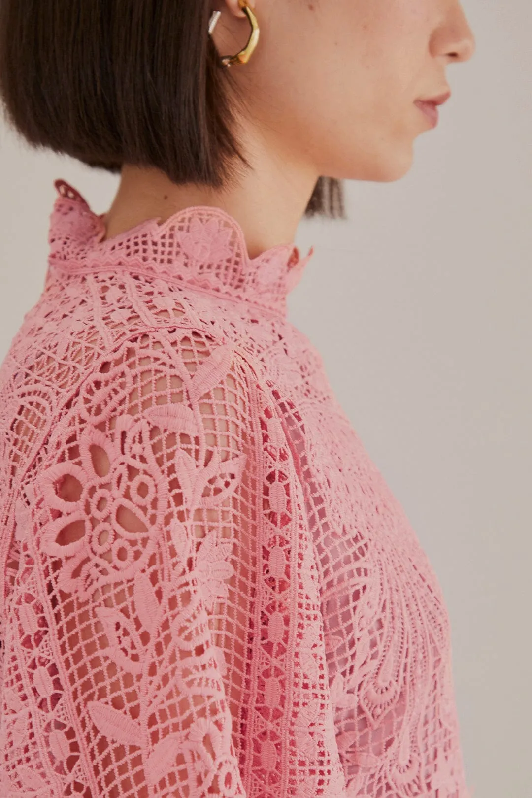 Blush Pink Guipure Long Sleeve Blouse