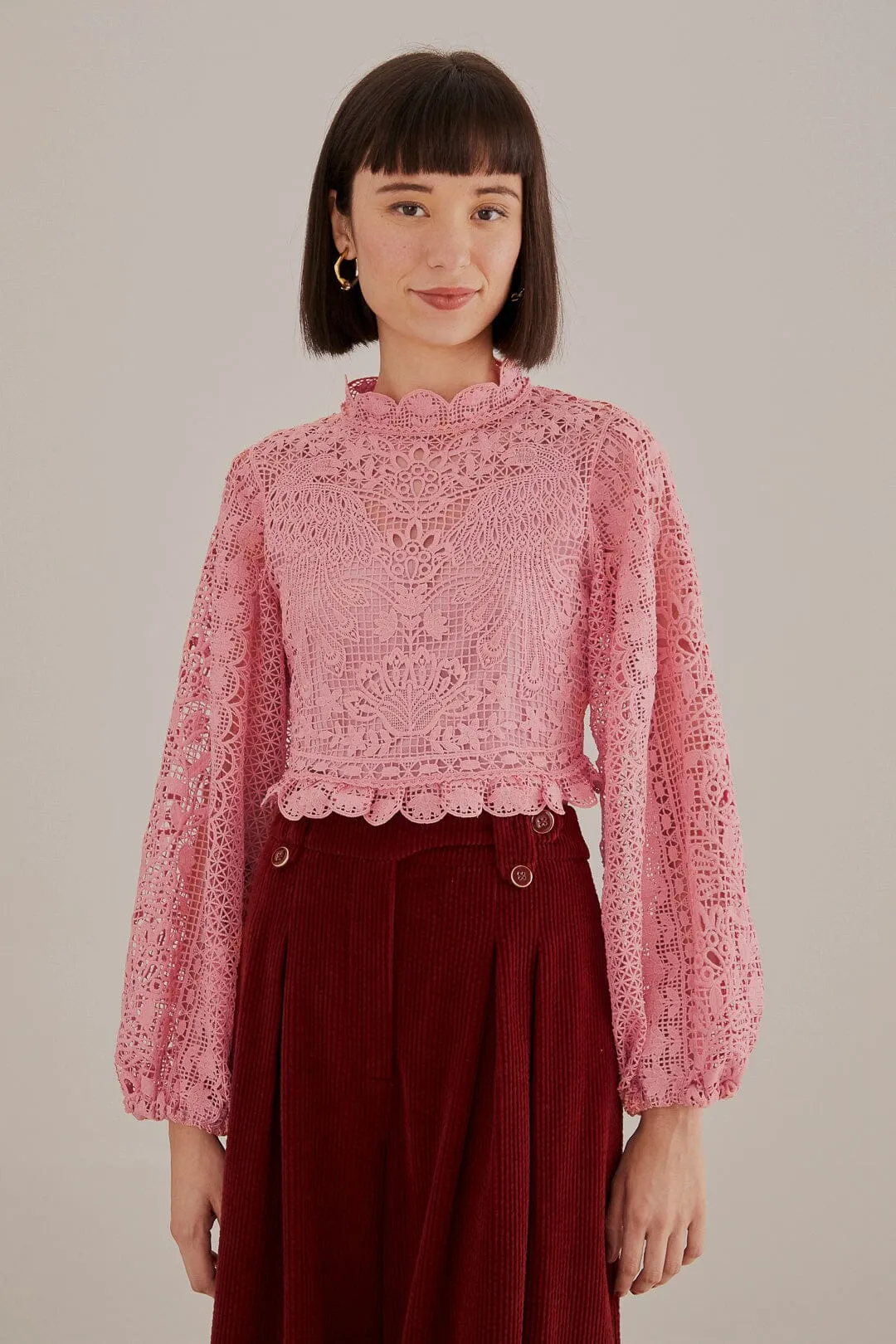 Blush Pink Guipure Long Sleeve Blouse