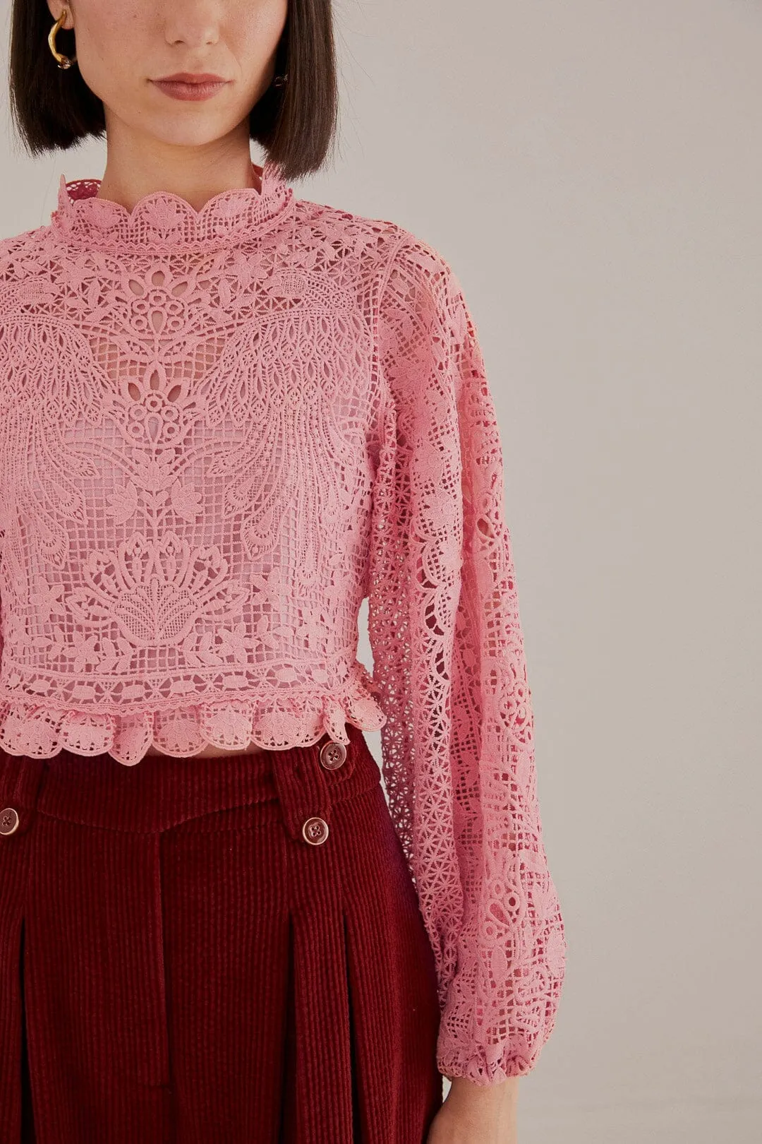 Blush Pink Guipure Long Sleeve Blouse