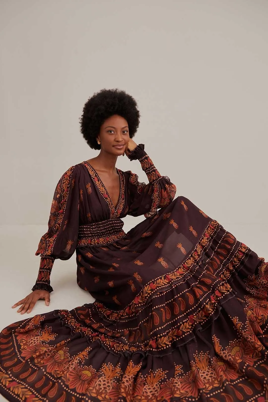 Brown Paisley Bloom Long Sleeve Maxi Dress