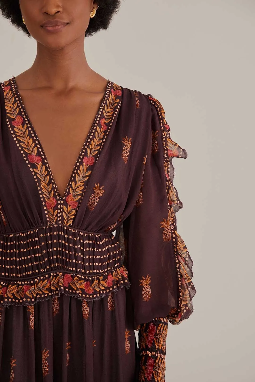 Brown Paisley Bloom Long Sleeve Maxi Dress