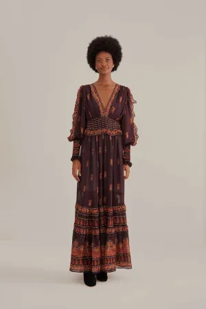 Brown Paisley Bloom Long Sleeve Maxi Dress