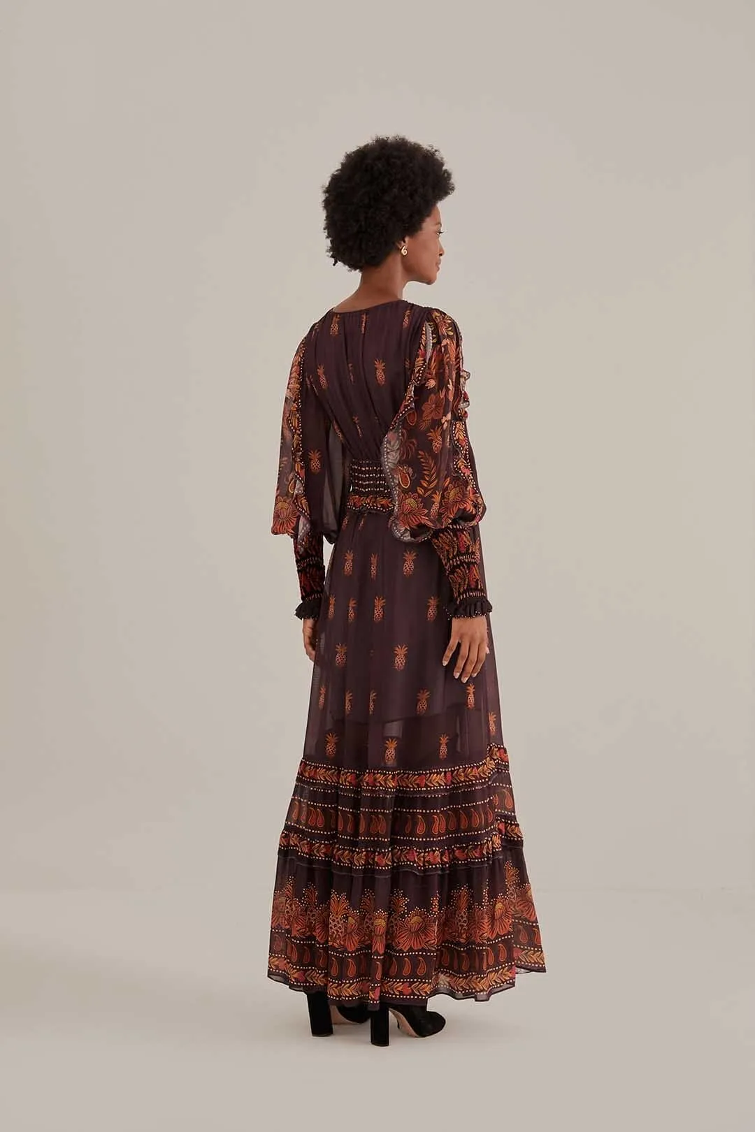 Brown Paisley Bloom Long Sleeve Maxi Dress