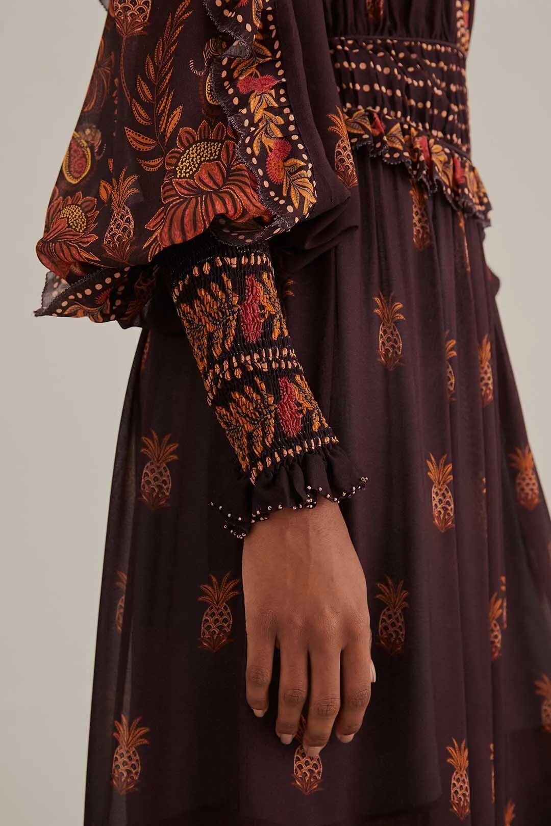 Brown Paisley Bloom Long Sleeve Maxi Dress
