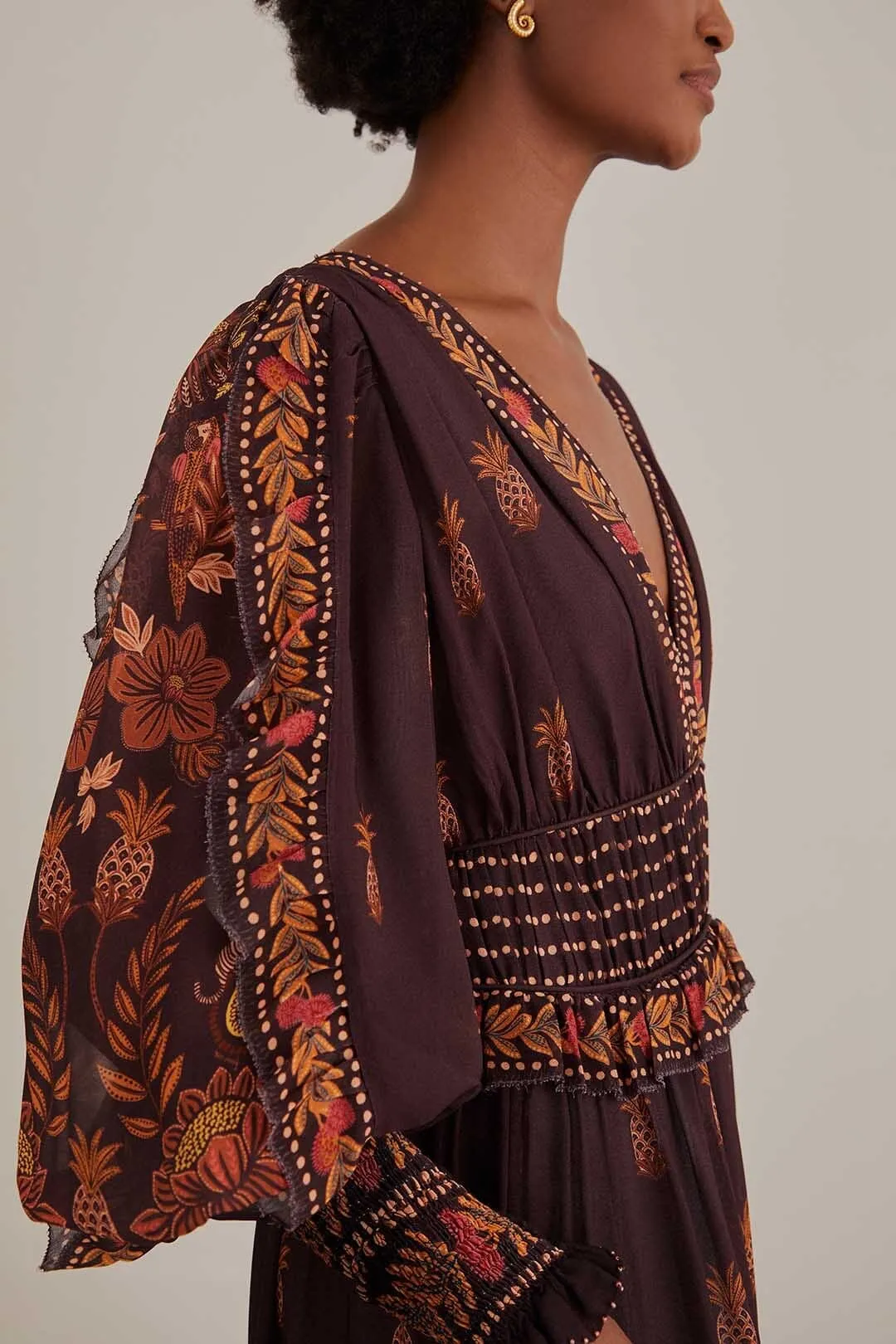 Brown Paisley Bloom Long Sleeve Maxi Dress