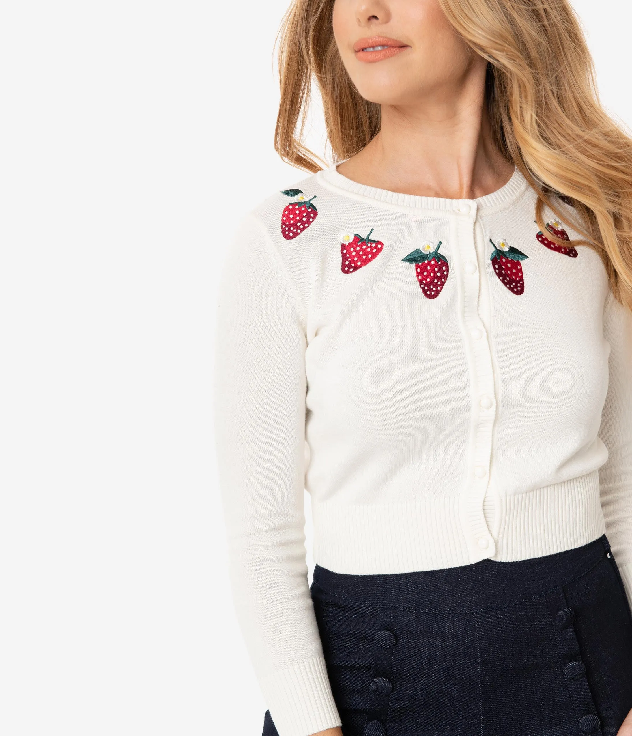 Collectif 1950s Ivory Strawberry Abigail Crop Cardigan