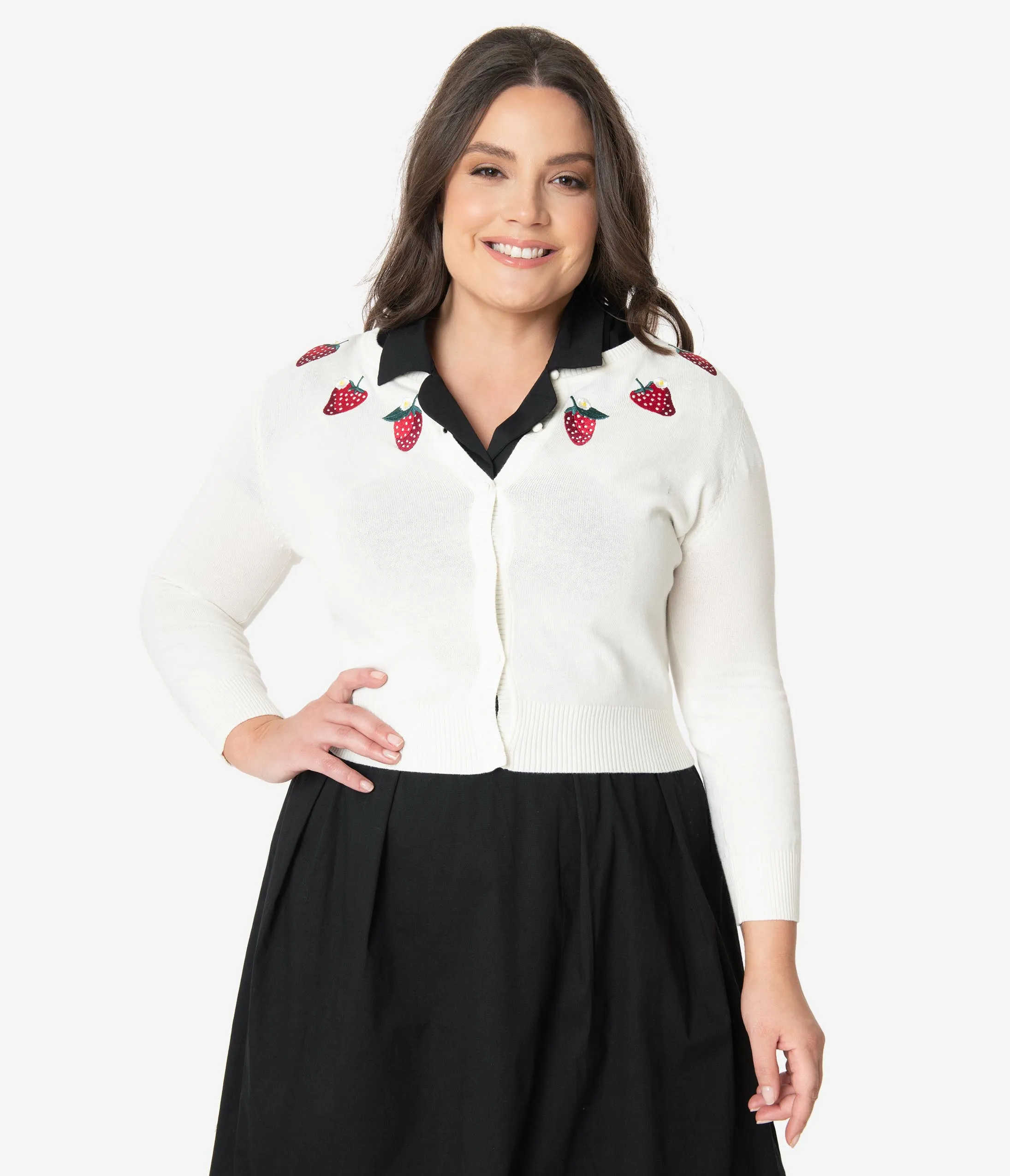 Collectif Plus Size 1950s Ivory Strawberry Abigail Crop Cardigan