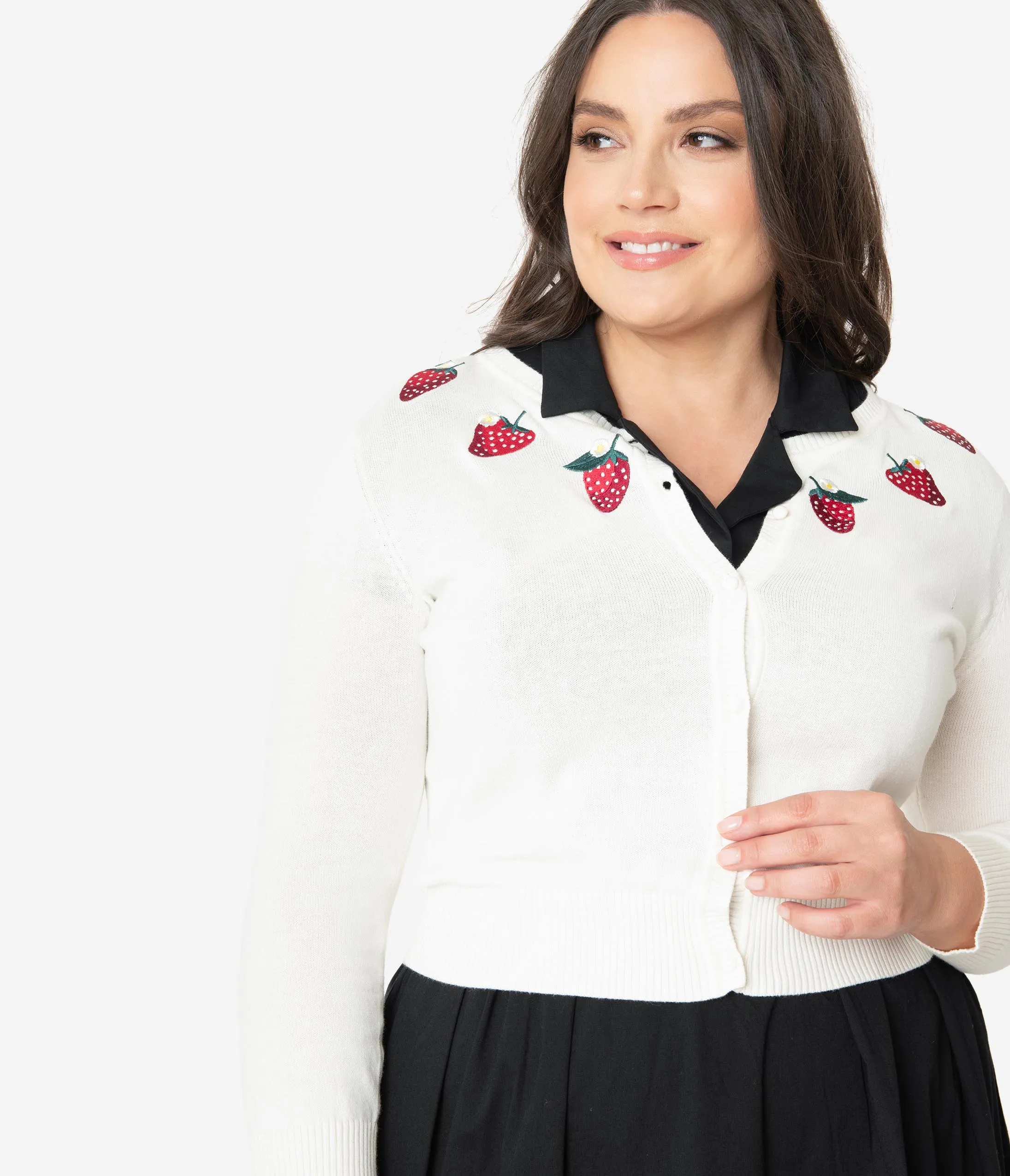Collectif Plus Size 1950s Ivory Strawberry Abigail Crop Cardigan