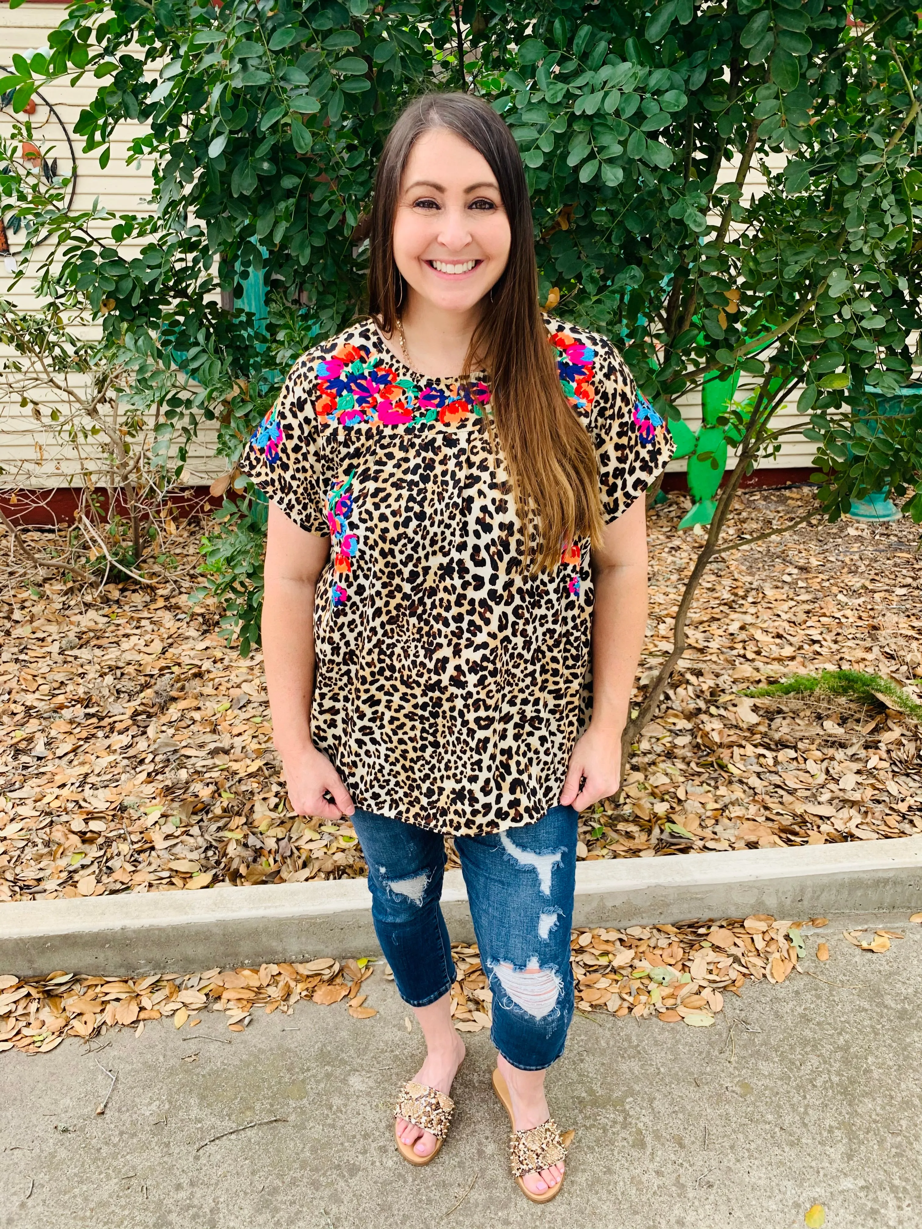 Colorful Embroidery Animal Print Top