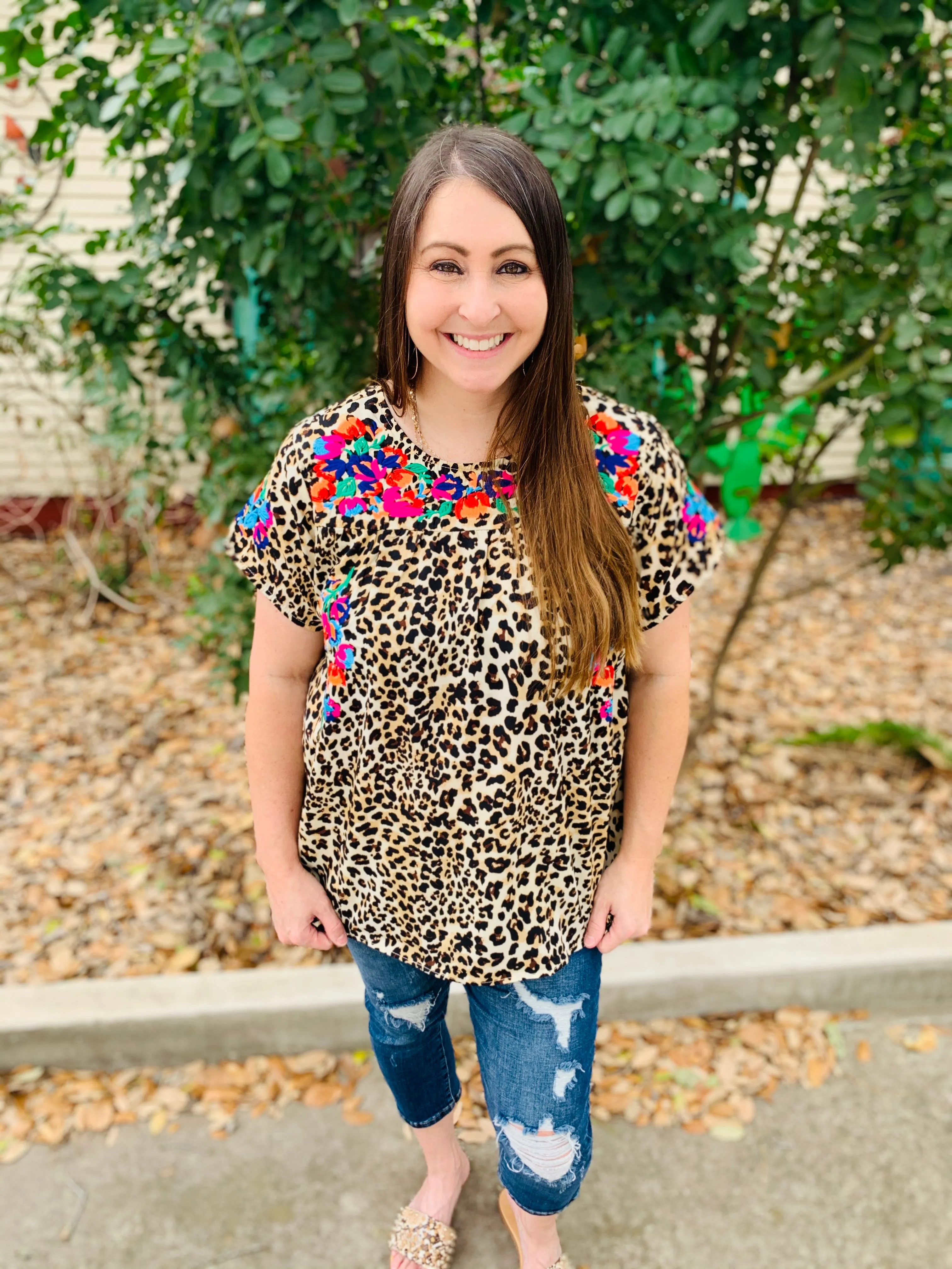 Colorful Embroidery Animal Print Top