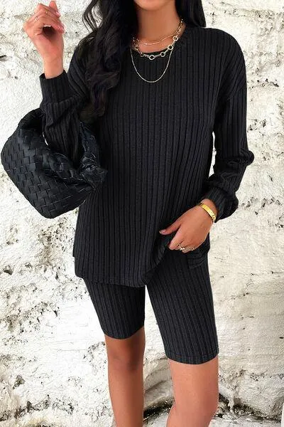 Comfy Move Ribbed Long Sleeve Top and Shorts Set