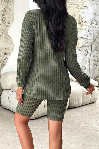 Comfy Move Ribbed Long Sleeve Top and Shorts Set