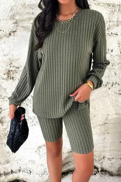 Comfy Move Ribbed Long Sleeve Top and Shorts Set