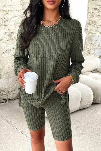 Comfy Move Ribbed Long Sleeve Top and Shorts Set