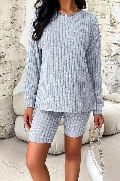 Comfy Move Ribbed Long Sleeve Top and Shorts Set