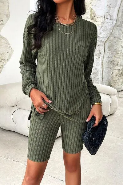 Comfy Move Ribbed Long Sleeve Top and Shorts Set