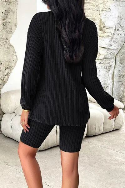 Comfy Move Ribbed Long Sleeve Top and Shorts Set