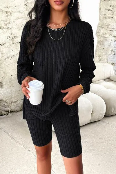 Comfy Move Ribbed Long Sleeve Top and Shorts Set
