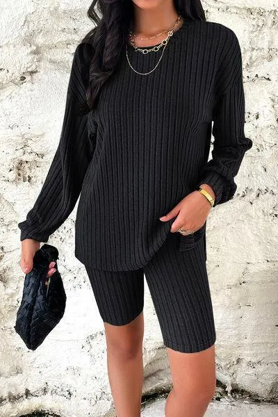Comfy Move Ribbed Long Sleeve Top and Shorts Set