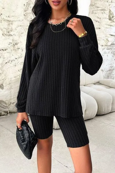 Comfy Move Ribbed Long Sleeve Top and Shorts Set