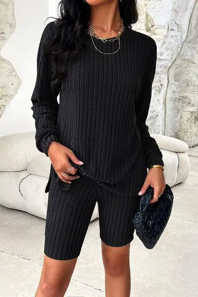 Comfy Move Ribbed Long Sleeve Top and Shorts Set