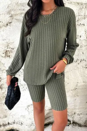Comfy Move Ribbed Long Sleeve Top and Shorts Set