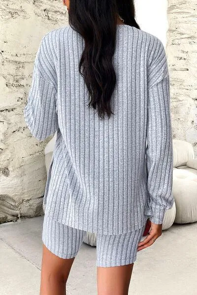 Comfy Move Ribbed Long Sleeve Top and Shorts Set