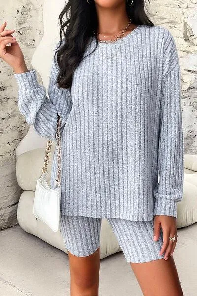 Comfy Move Ribbed Long Sleeve Top and Shorts Set