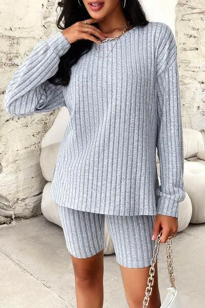 Comfy Move Ribbed Long Sleeve Top and Shorts Set