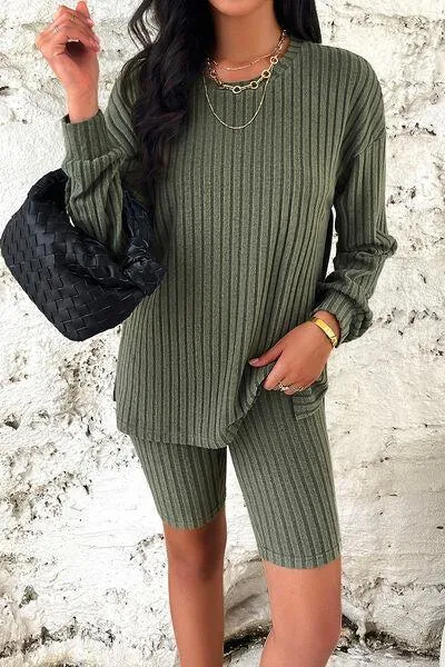 Comfy Move Ribbed Long Sleeve Top and Shorts Set