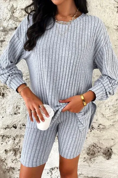 Comfy Move Ribbed Long Sleeve Top and Shorts Set