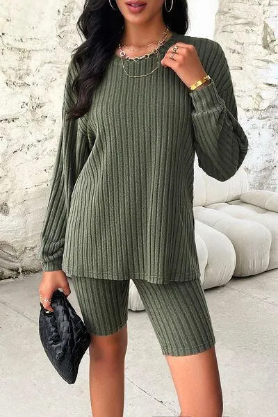 Comfy Move Ribbed Long Sleeve Top and Shorts Set