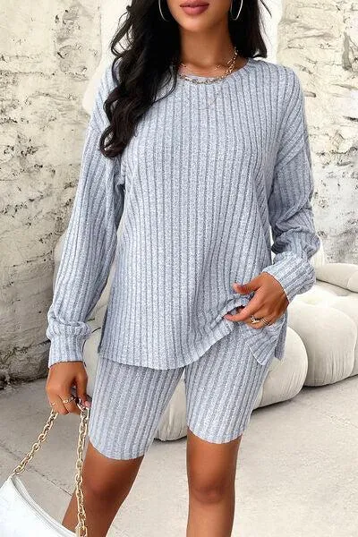 Comfy Move Ribbed Long Sleeve Top and Shorts Set
