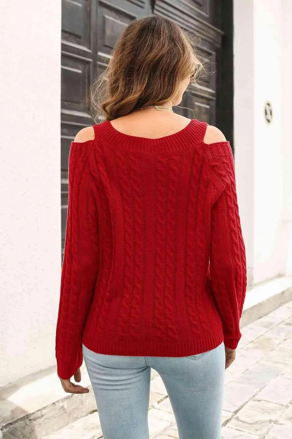 Cozy Era Cold Shoulder Cable Knit Sweater