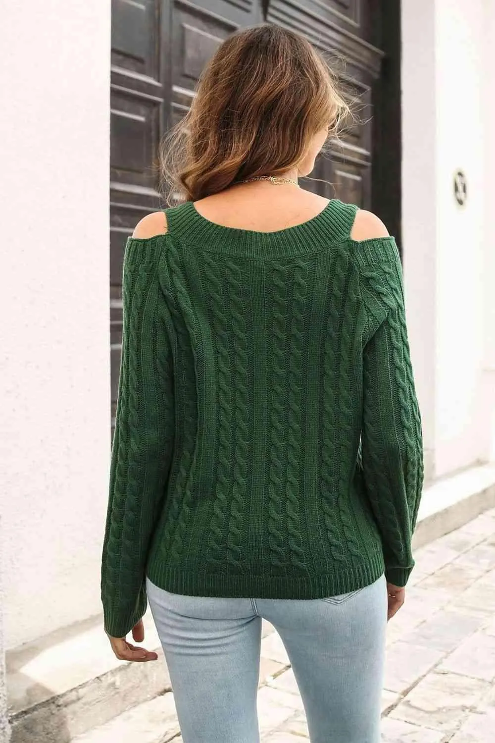 Cozy Era Cold Shoulder Cable Knit Sweater