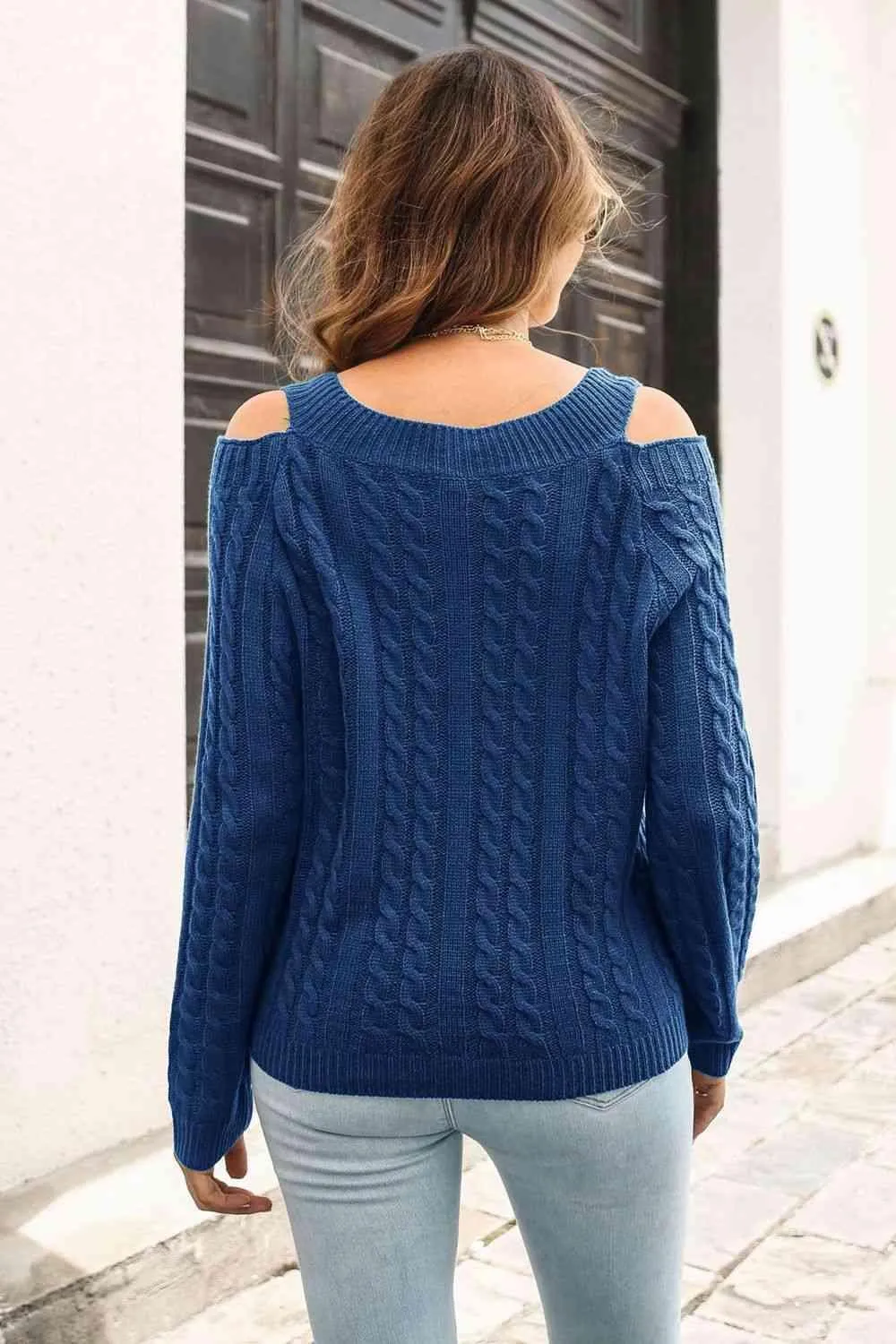 Cozy Era Cold Shoulder Cable Knit Sweater