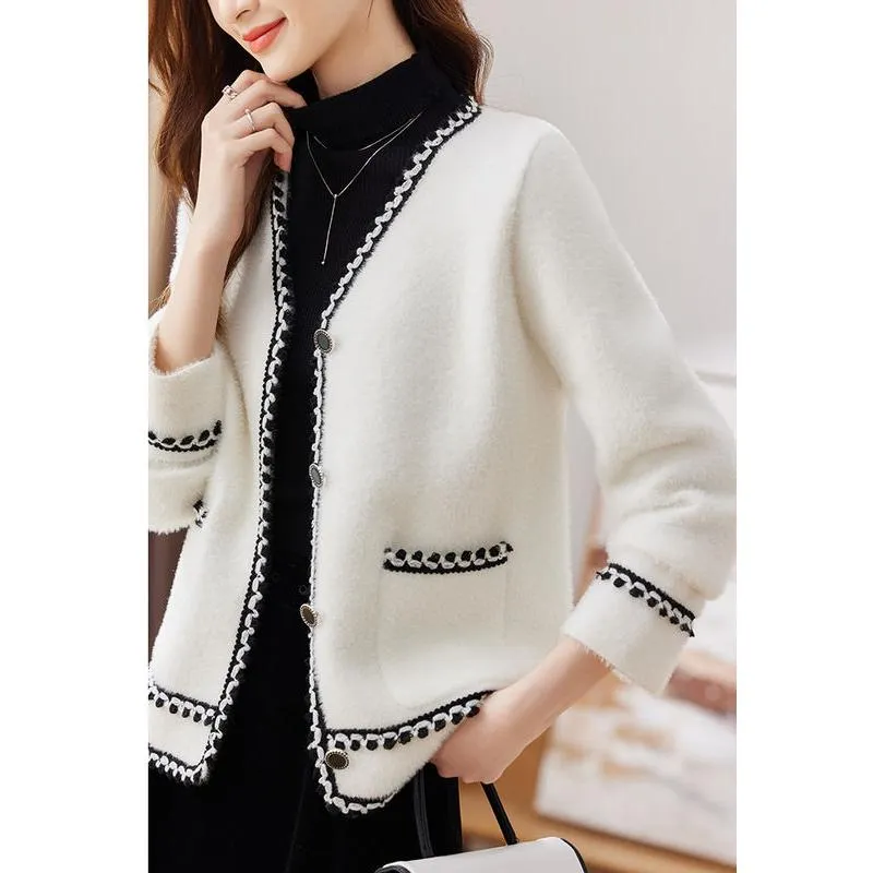Elegant V Neck Knitted Cardigan for Women - Autumn Winter Long Sleeve Knitwear