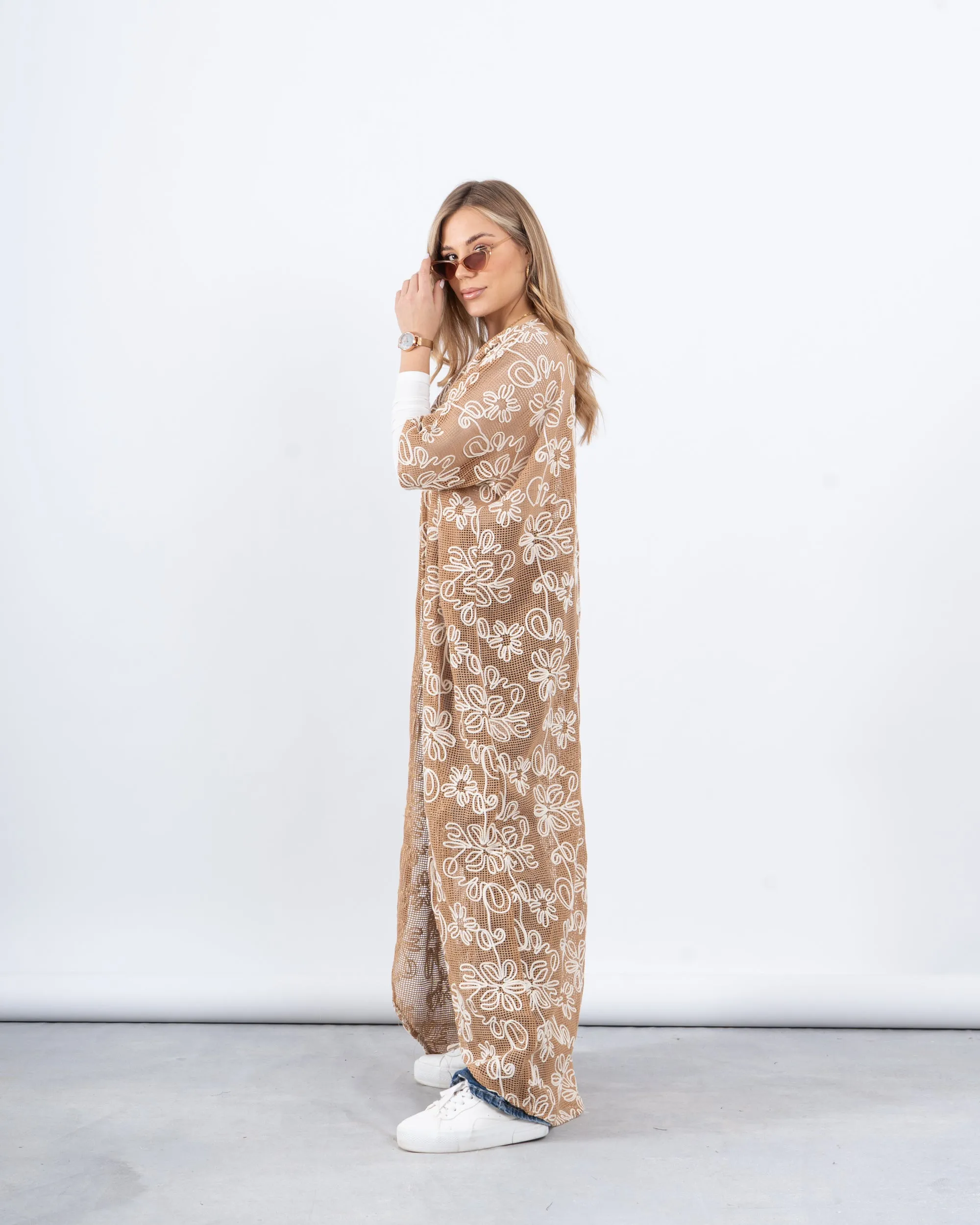 Embroidered Crochet Long Cardigan