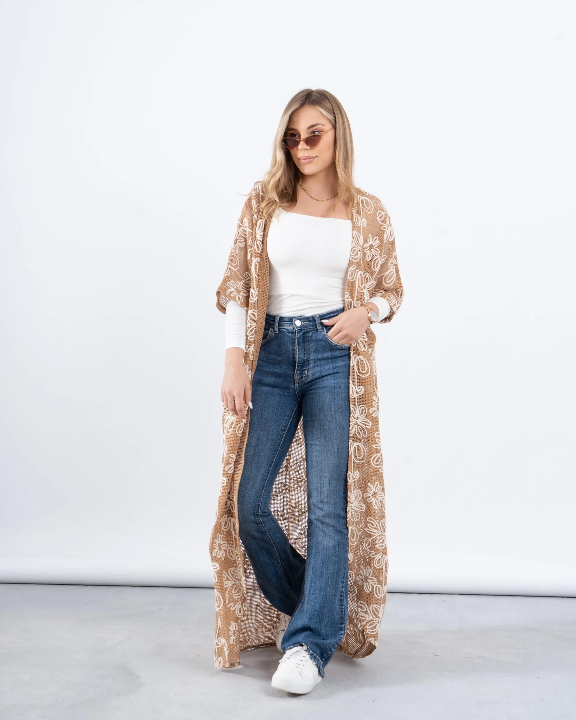 Embroidered Crochet Long Cardigan