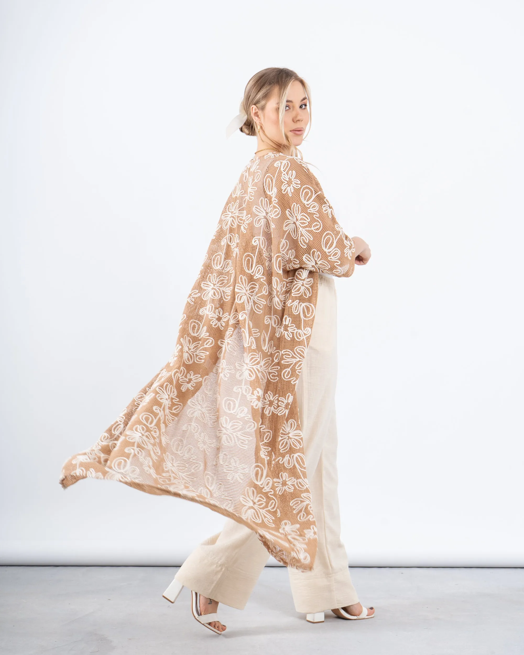 Embroidered Crochet Long Cardigan