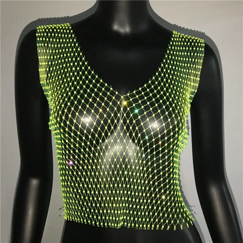 FestivalQueen Sexy Diamonds Mesh Cropped Tank Top Women Summer Cover Up Bikini See Through Rhinestone Net Party Club Crop Top