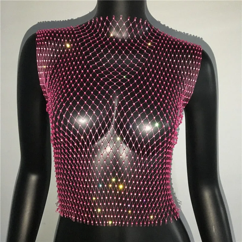 FestivalQueen Sexy Diamonds Mesh Cropped Tank Top Women Summer Cover Up Bikini See Through Rhinestone Net Party Club Crop Top