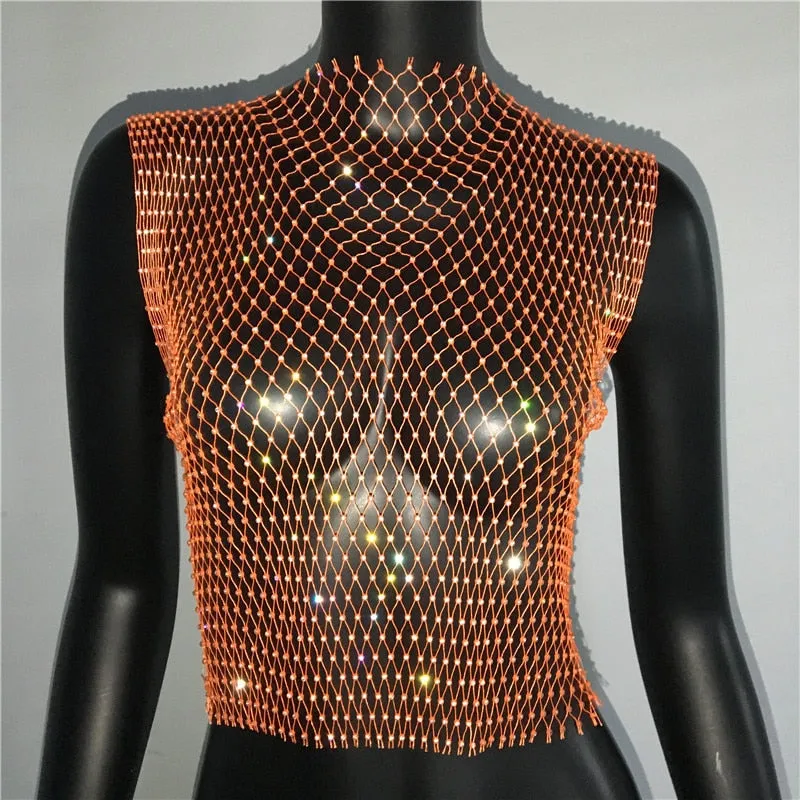FestivalQueen Sexy Diamonds Mesh Cropped Tank Top Women Summer Cover Up Bikini See Through Rhinestone Net Party Club Crop Top