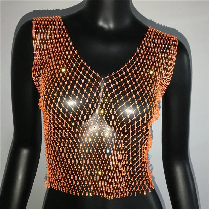 FestivalQueen Sexy Diamonds Mesh Cropped Tank Top Women Summer Cover Up Bikini See Through Rhinestone Net Party Club Crop Top